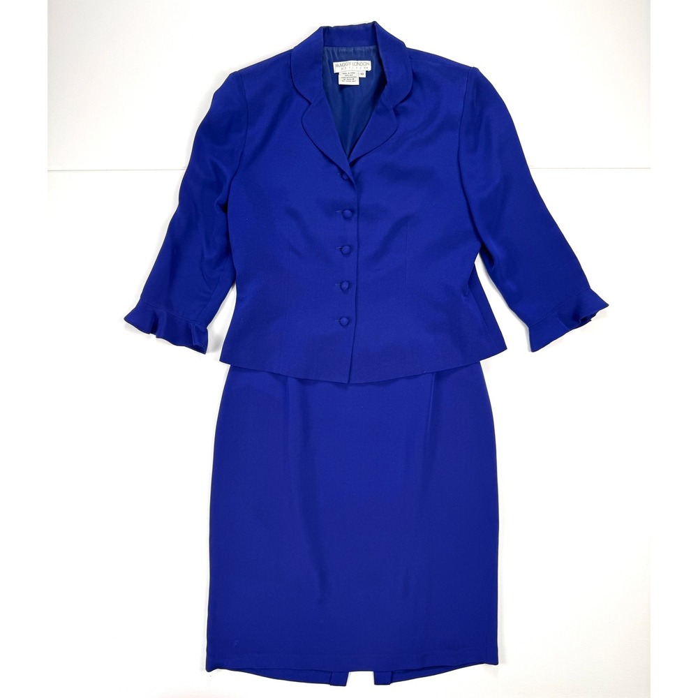 Maggy London Vintage Petite 10 Royal Blue 100% Silk Skirt Suit Ruffle Cuff #1965